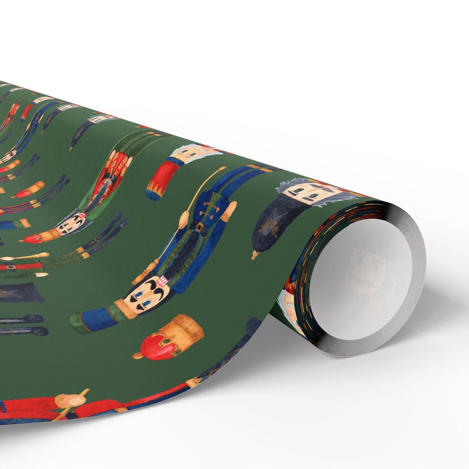 Nutcracker Christmas Wrapping Paper | Green Holiday Gift Wrap Roll | Festive Red & Gold Nutcracker Pattern | Luxury Xmas Packaging