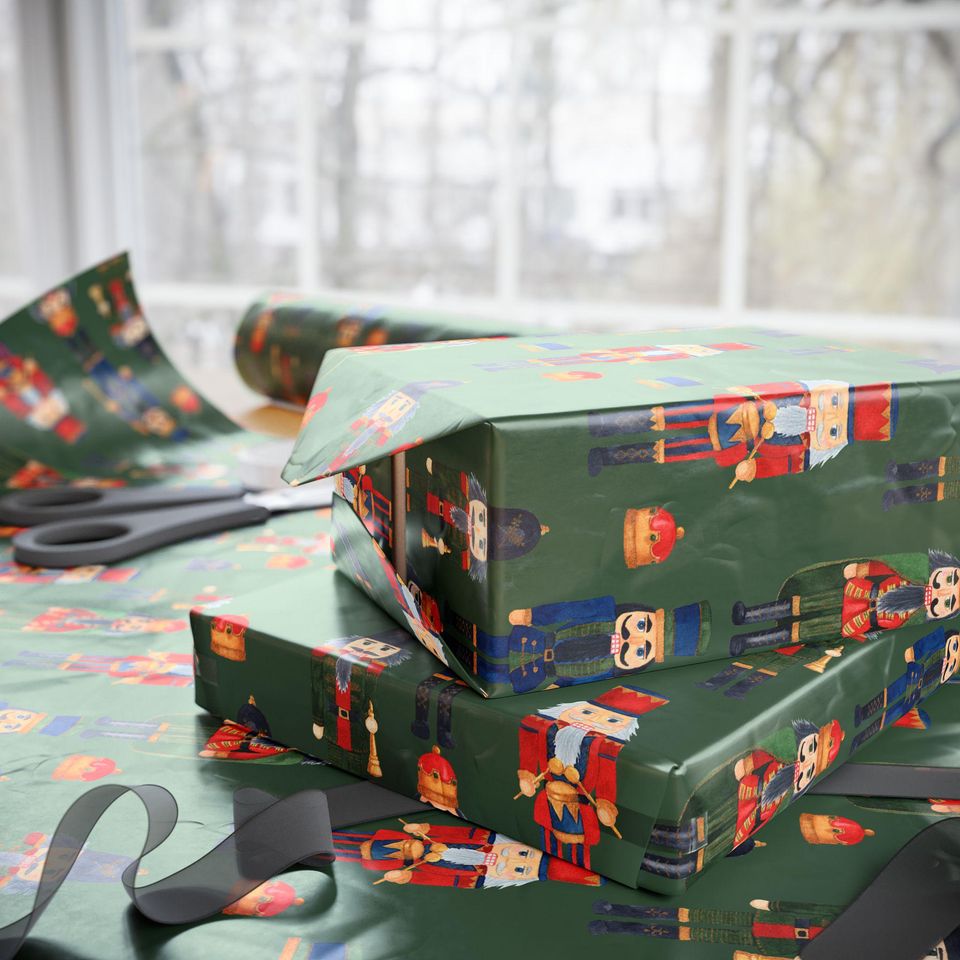 Nutcracker Christmas Wrapping Paper | Green Holiday Gift Wrap Roll | Festive Red & Gold Nutcracker Pattern | Luxury Xmas Packaging