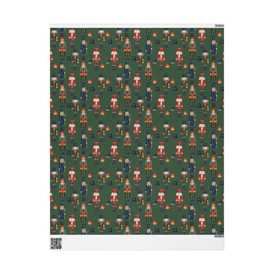 Nutcracker Christmas Wrapping Paper | Green Holiday Gift Wrap Roll | Festive Red & Gold Nutcracker Pattern | Luxury Xmas Packaging