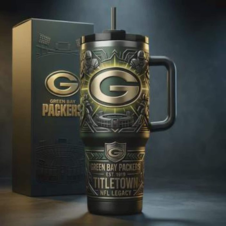 Green Bay Packers stainless steel insulated mug with handle, Packers Fan Gift.