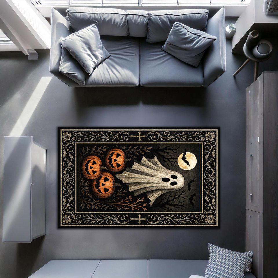 Halloween Ghost Rug, Spooky Pumpkin Carpet, Haunted House Floor Mat, Jack-o'-Lantern Area Rug, Black and Orange Fall Decor