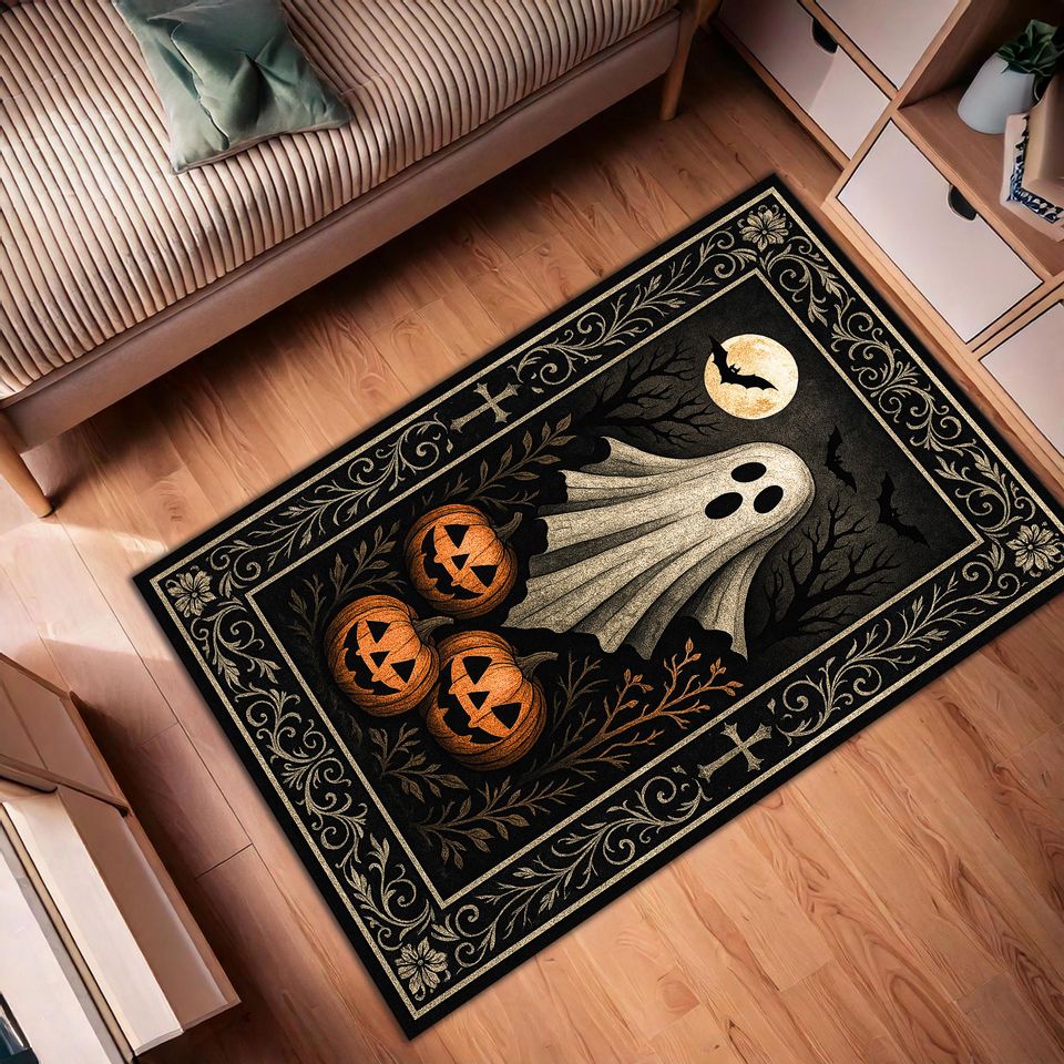 Halloween Ghost Rug, Spooky Pumpkin Carpet, Haunted House Floor Mat, Jack-o'-Lantern Area Rug, Black and Orange Fall Decor