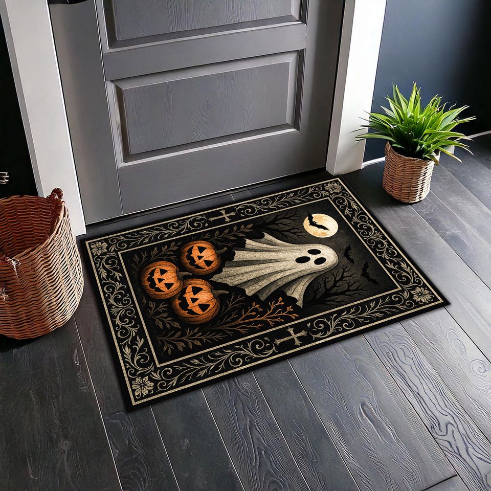 Halloween Ghost Rug, Spooky Pumpkin Carpet, Haunted House Floor Mat, Jack-o'-Lantern Area Rug, Black and Orange Fall Decor