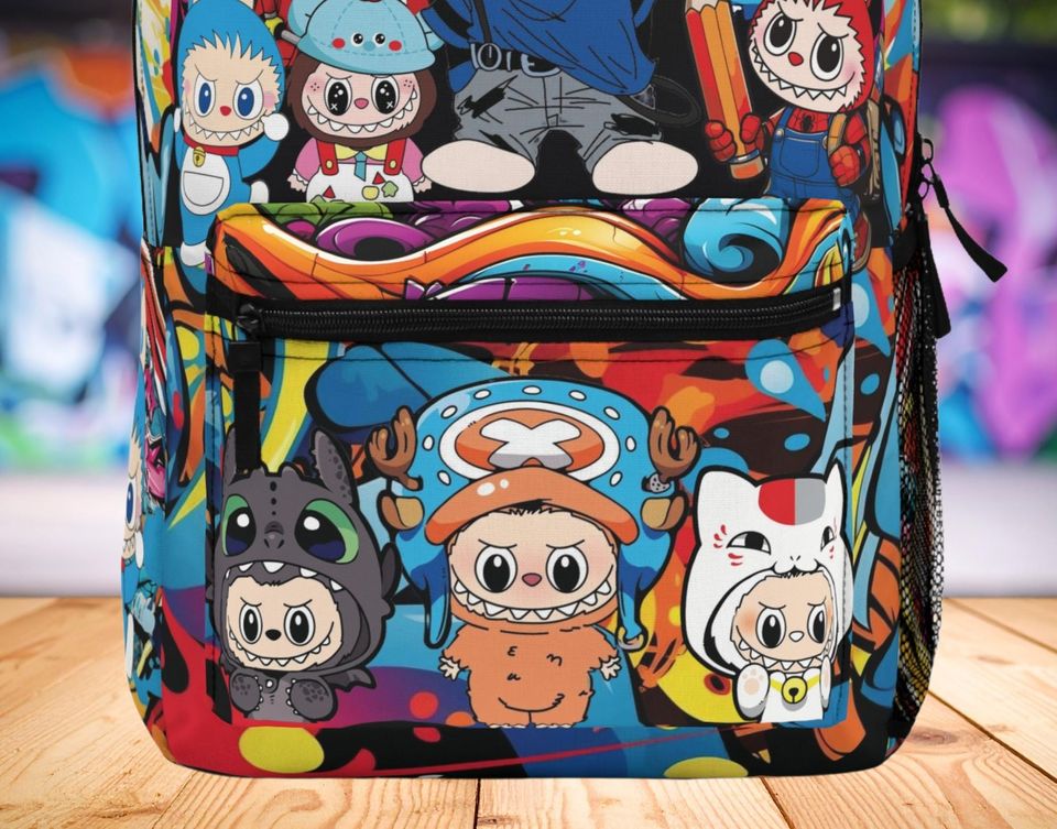 Light Blue Graffiti Labubu Backpack for Boys, School Backpack, Labubu Gift