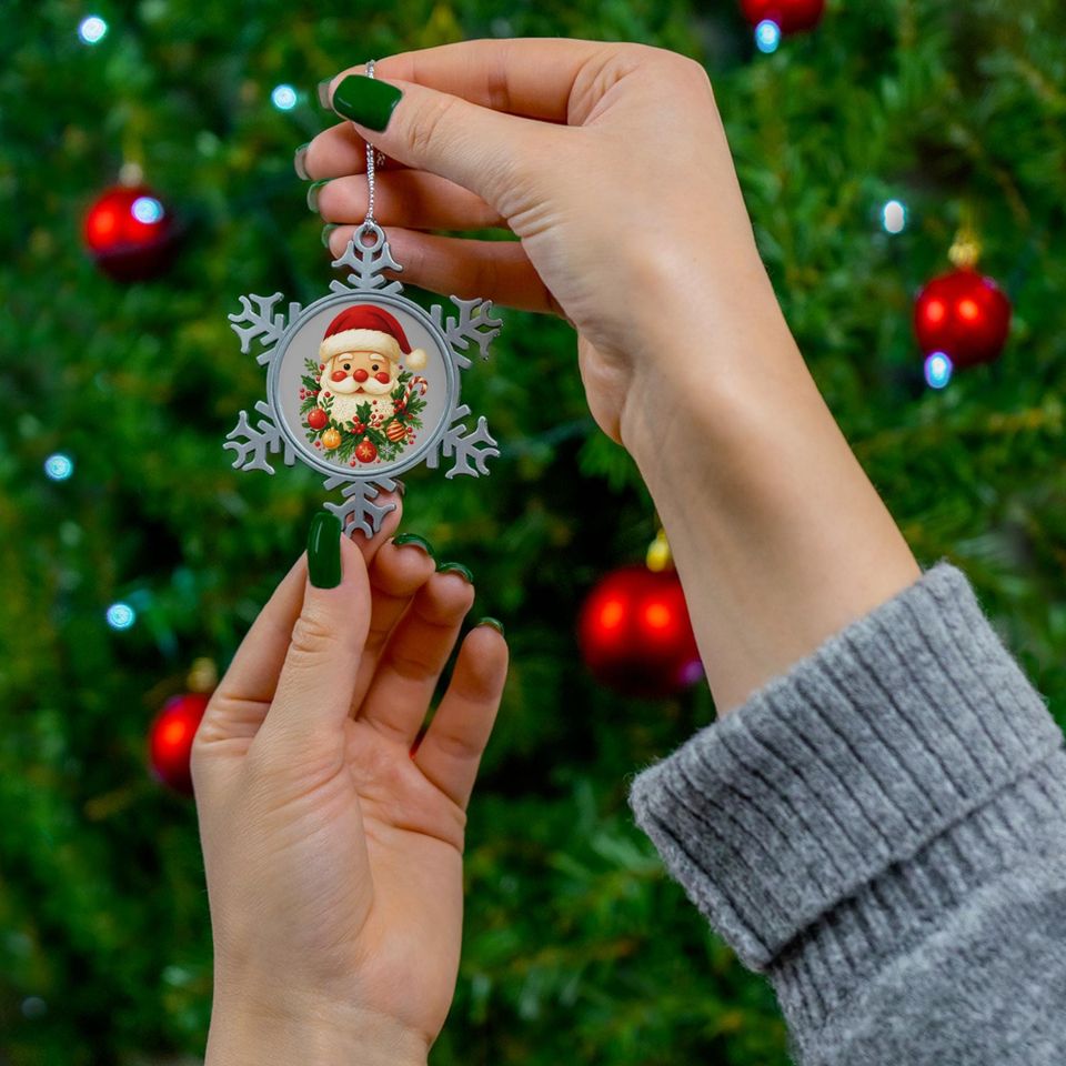 Pewter Snowflake Santa Ornament - Holiday Keepsake Gift