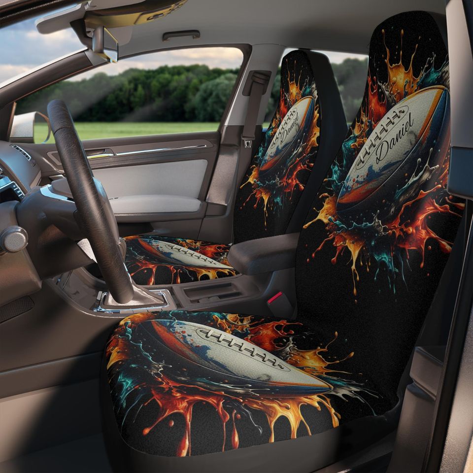 Personalized Rugby Ball Car Seat Covers |Custom Name On 2 Fronts Auto seats covers