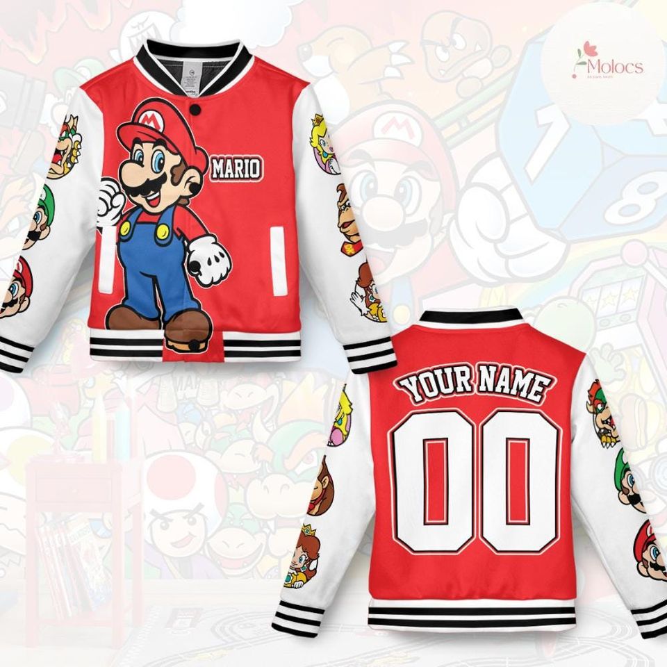 Personalized Super Mario Baseball Jacket, Video Game Mario Luigi Princess Peach Jacket
