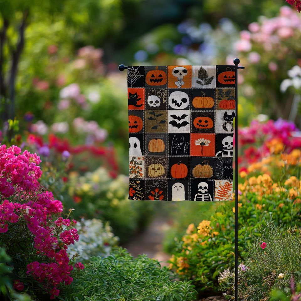 Halloween Garden Flag | Spooky Pumpkin Ghost Skeleton Outdoor Decor | Ghost and Cat Fall Yard Decoration for Porch & Garden Fall Porch Decor