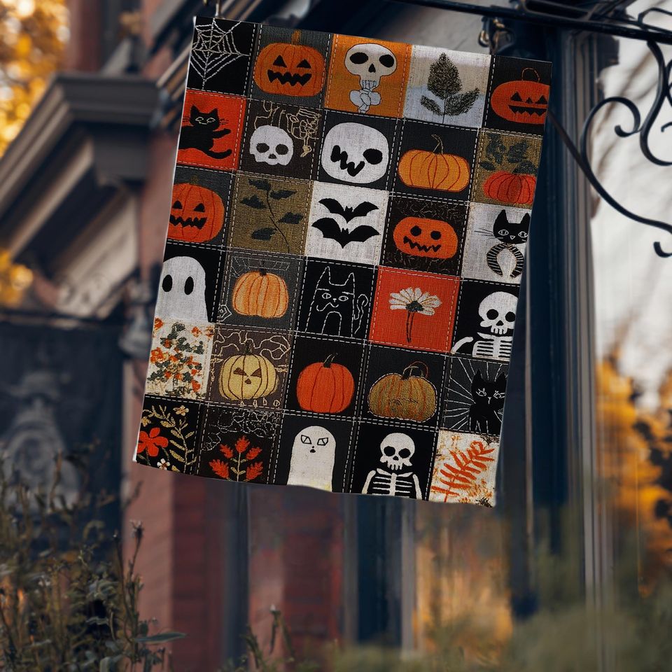 Halloween Garden Flag | Spooky Pumpkin Ghost Skeleton Outdoor Decor | Ghost and Cat Fall Yard Decoration for Porch & Garden Fall Porch Decor