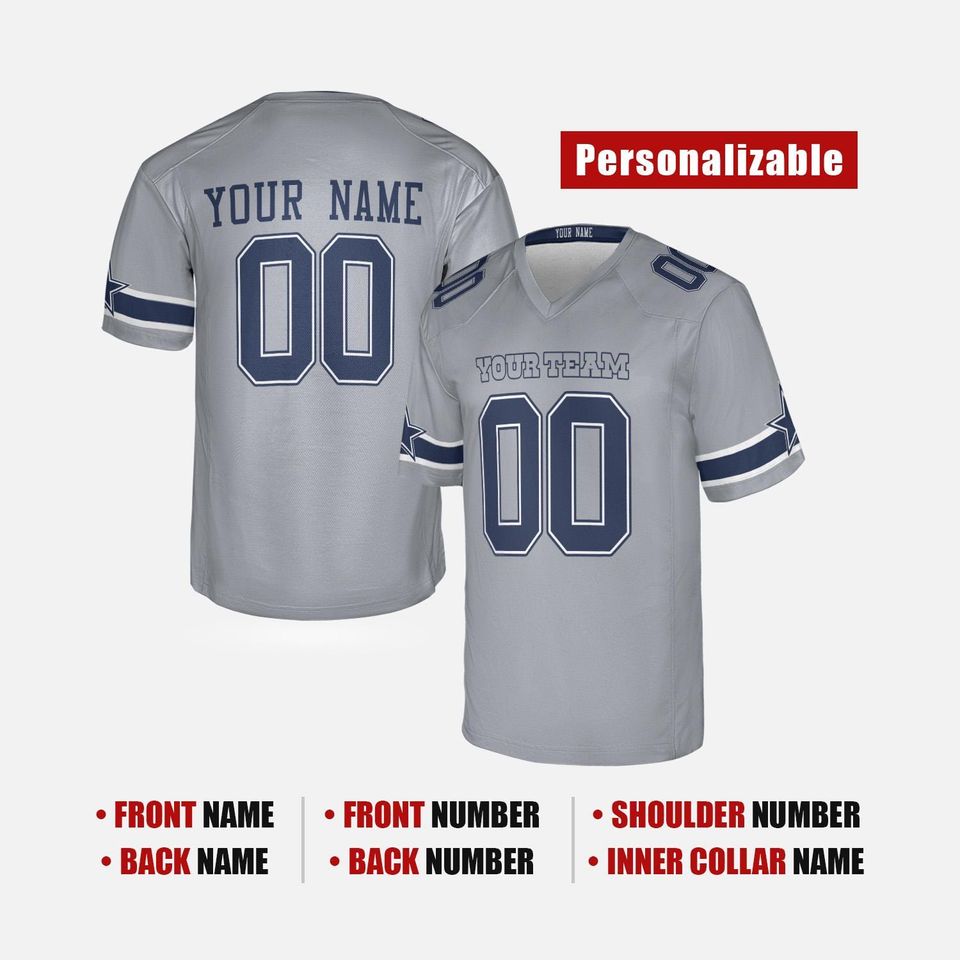Personalized Gray Cowboys Jersey: Add Name & Number, Adult Sizes