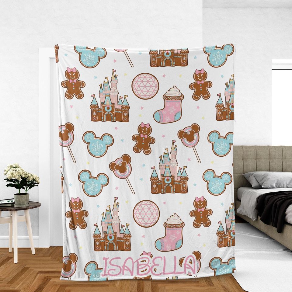 Personalized Disney Gingerbread Castle Fleece Blanket for Kids Room Winter Mickey Nursery Decor