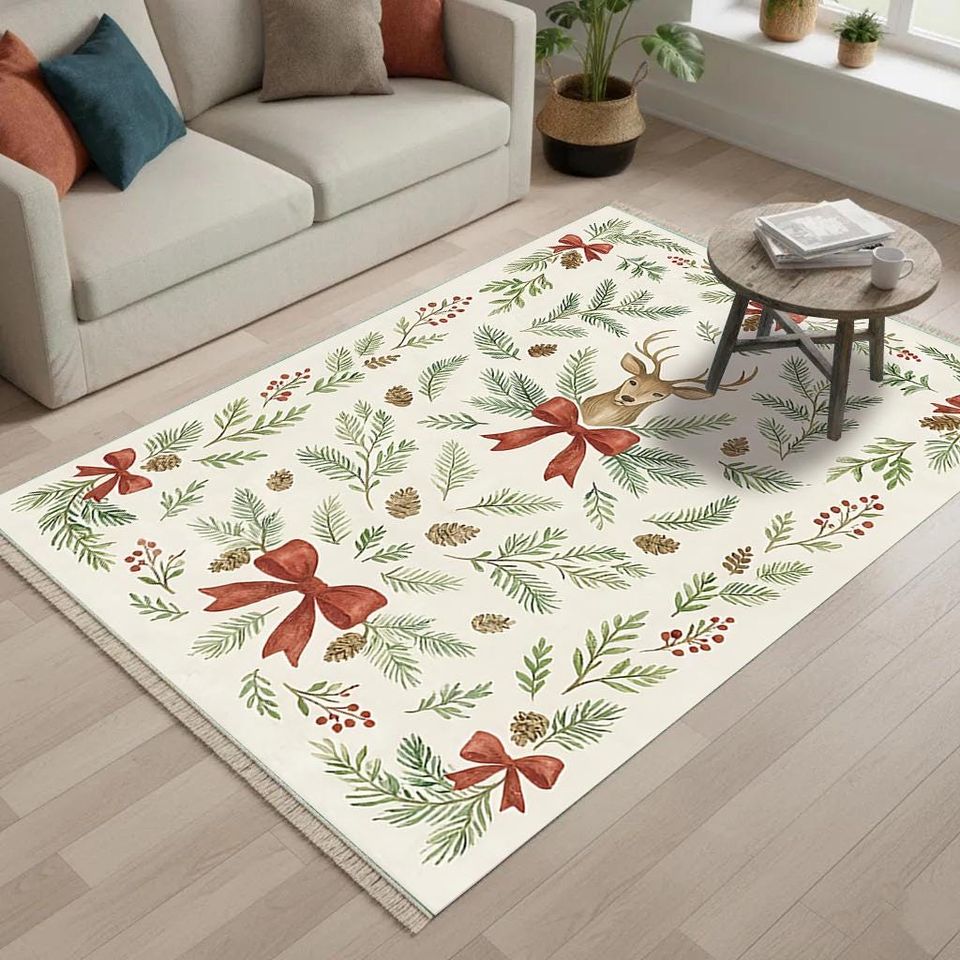 Christmas Rug With Reindeer And Pine Tree Design Rustic Holiday
