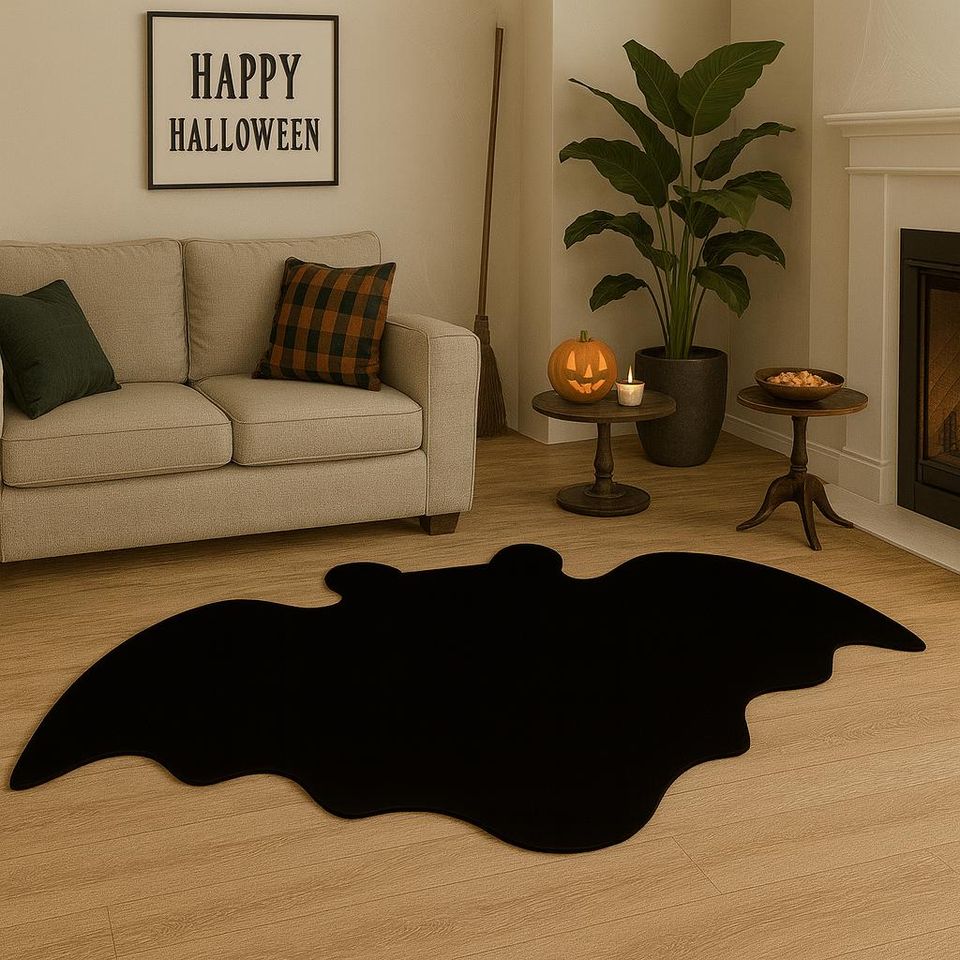 Halloween Bat Shaped Rug Gothic Black Cotton Floor Mat Haunted House Spooky Home Decor