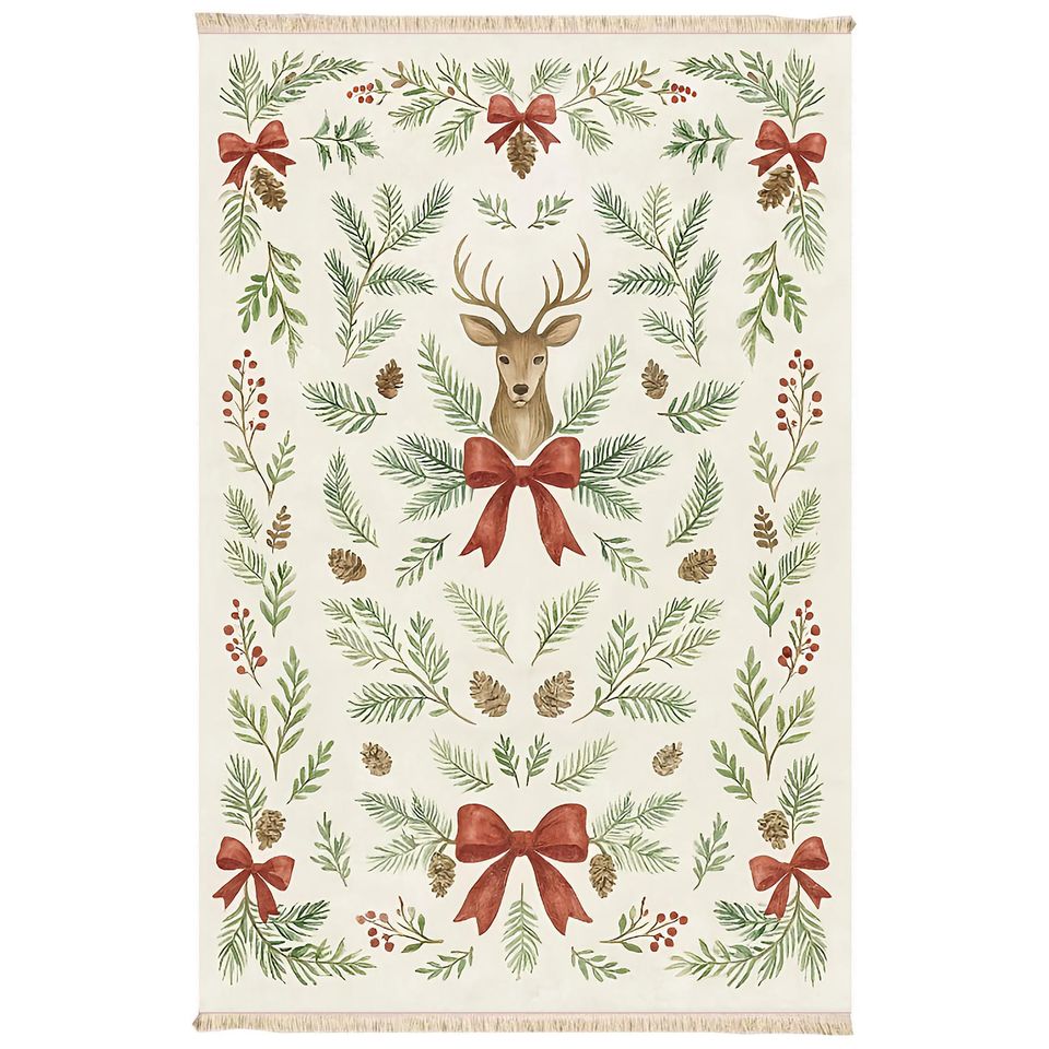Christmas Rug With Reindeer And Pine Tree Design Rustic Holiday