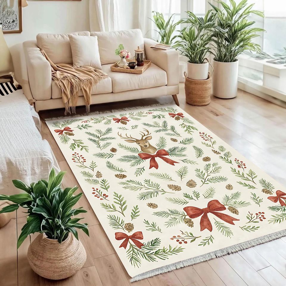 Christmas Rug With Reindeer And Pine Tree Design Rustic Holiday