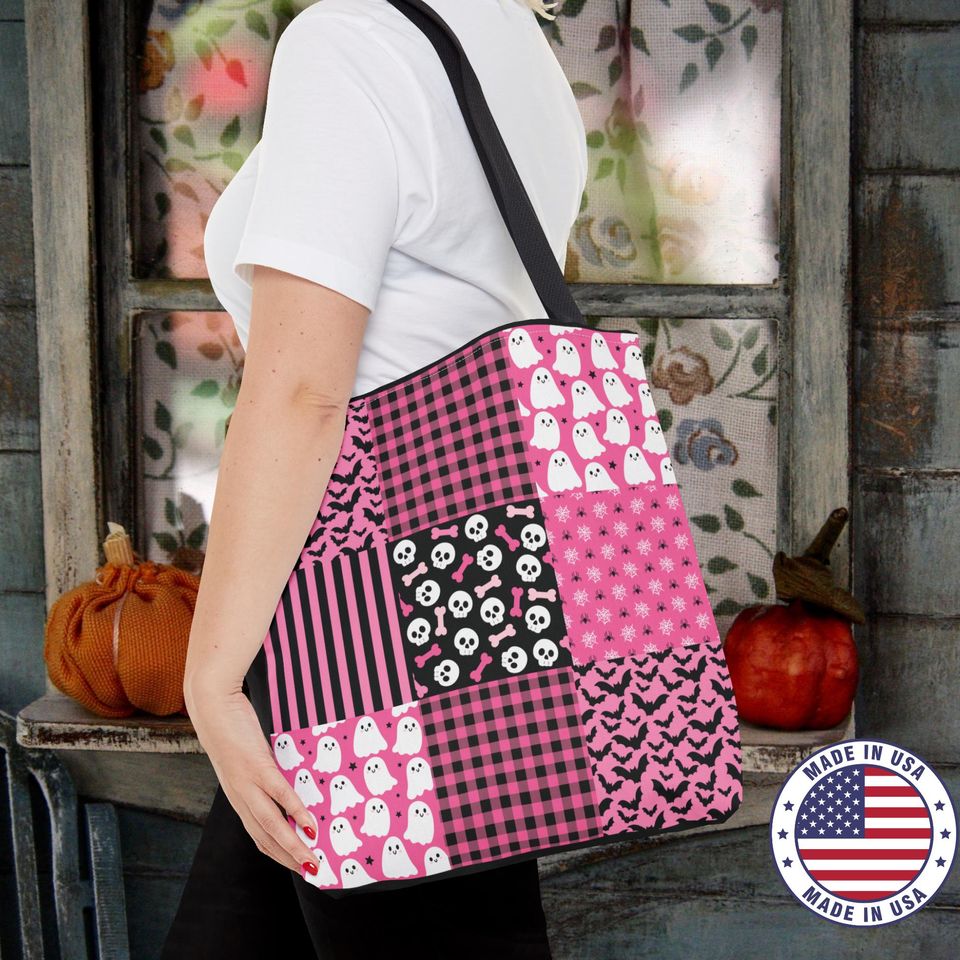 Pink Patchwork Halloween Tote Bag: Stitched Trick or Treat Bag