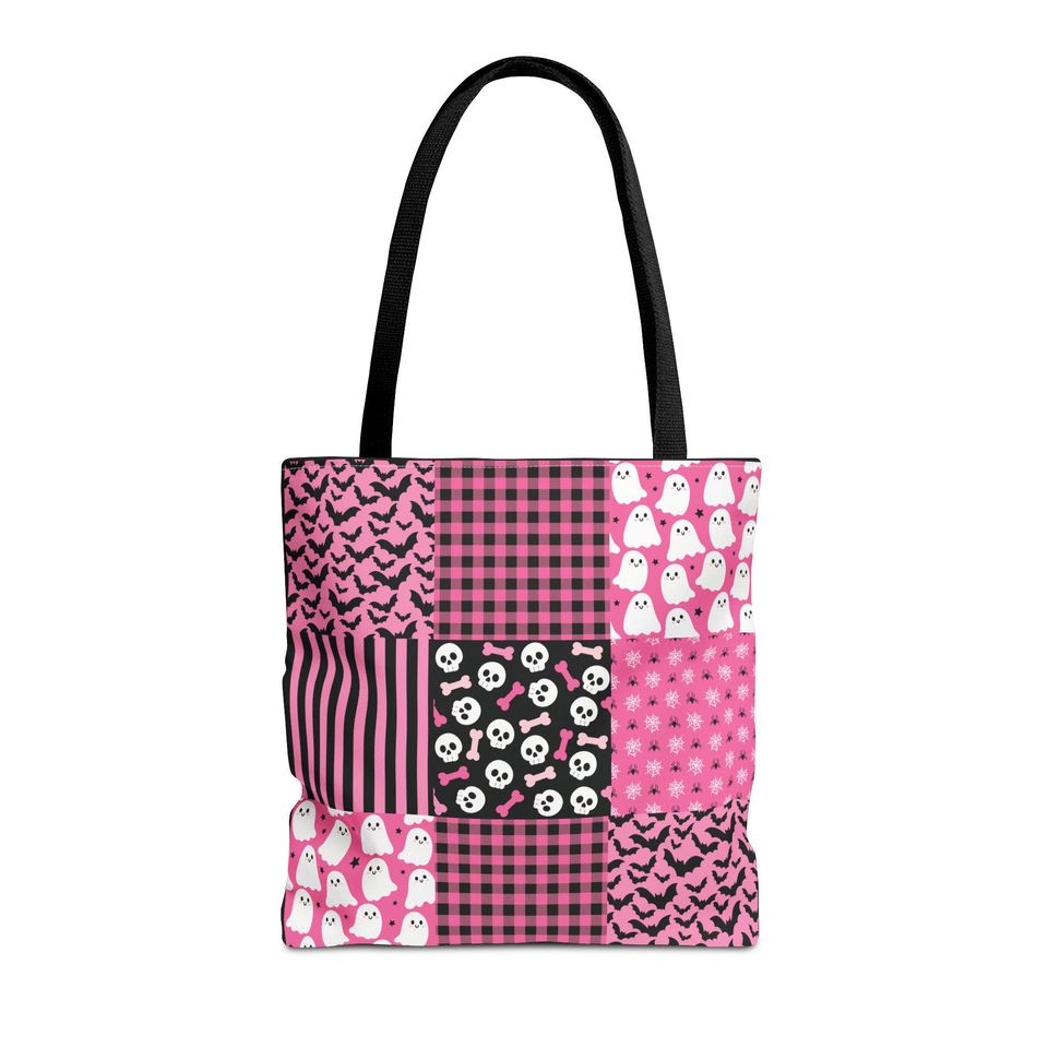 Pink Patchwork Halloween Tote Bag: Stitched Trick or Treat Bag