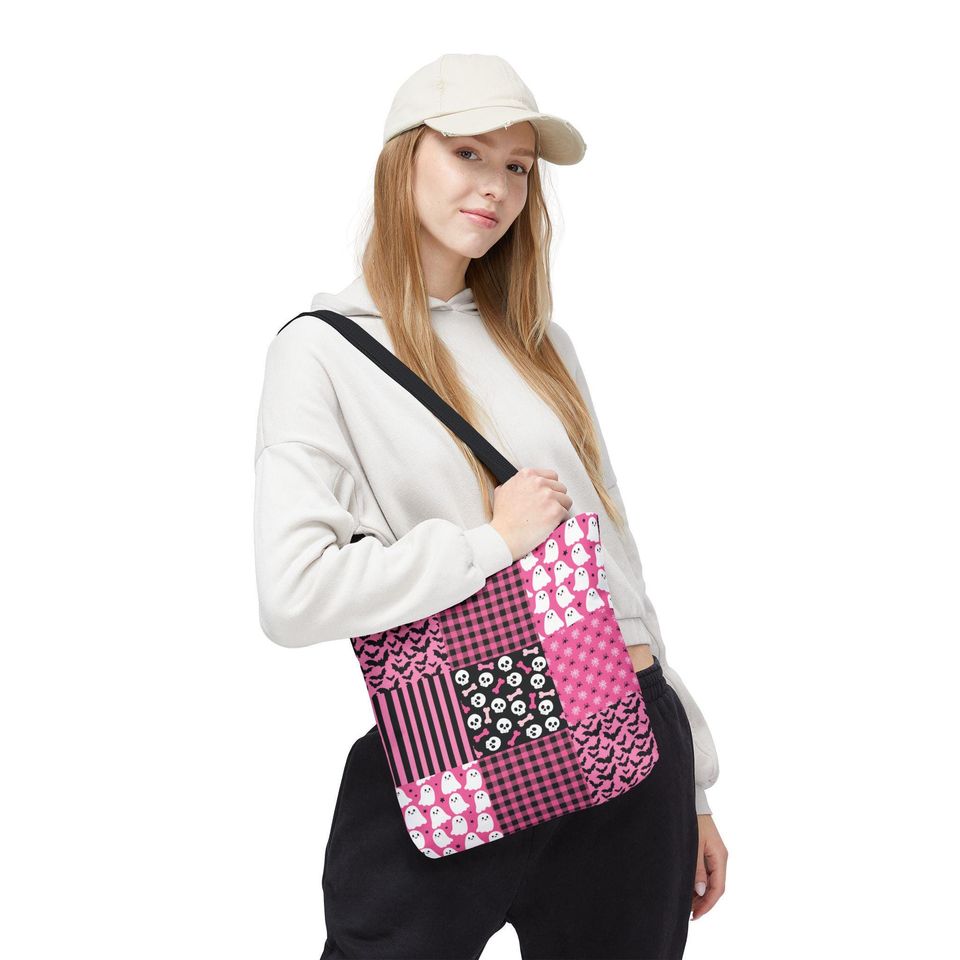 Pink Patchwork Halloween Tote Bag: Stitched Trick or Treat Bag