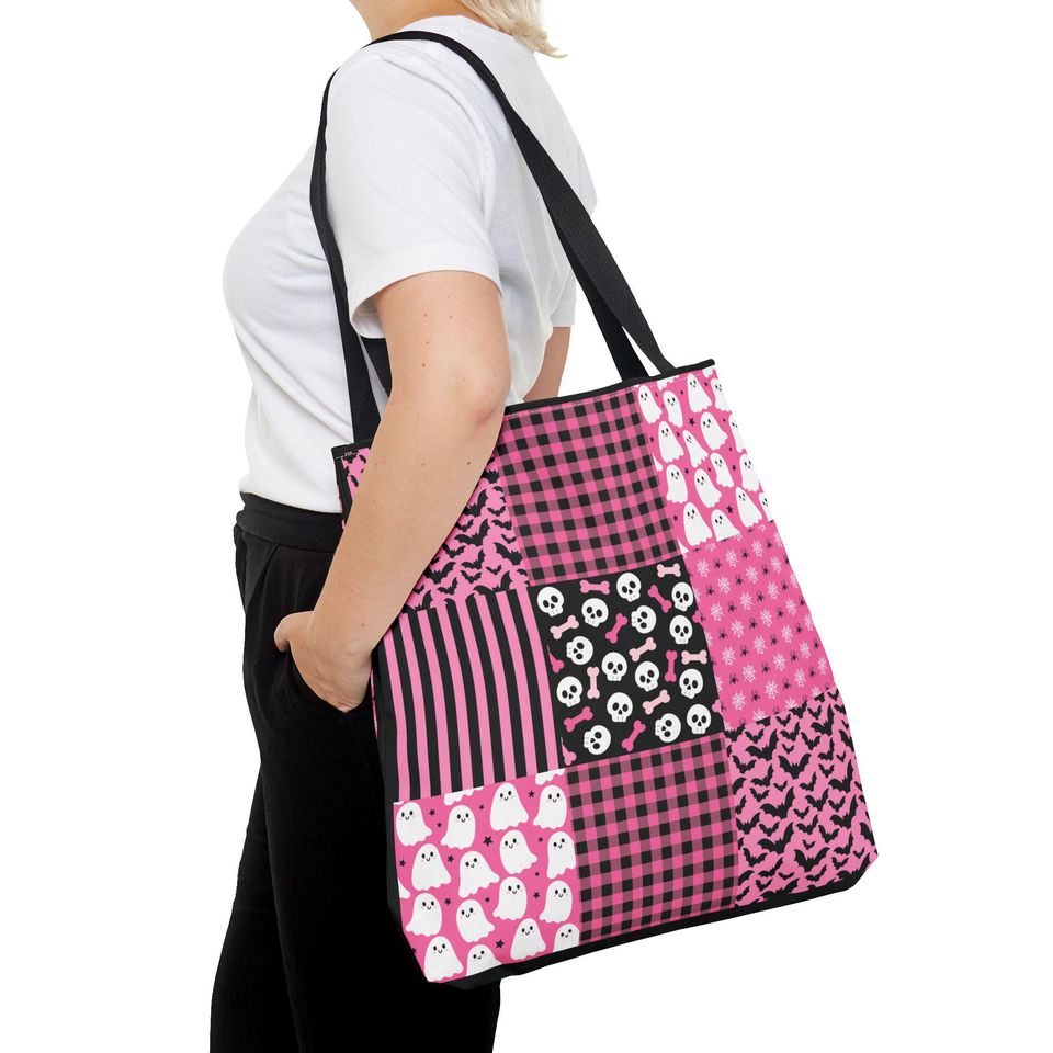 Pink Patchwork Halloween Tote Bag: Stitched Trick or Treat Bag