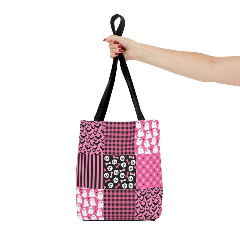 Pink Patchwork Halloween Tote Bag: Stitched Trick or Treat Bag