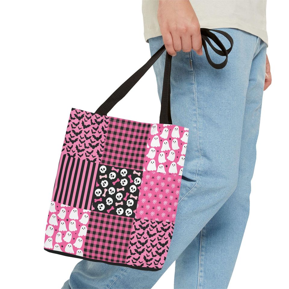 Pink Patchwork Halloween Tote Bag: Stitched Trick or Treat Bag
