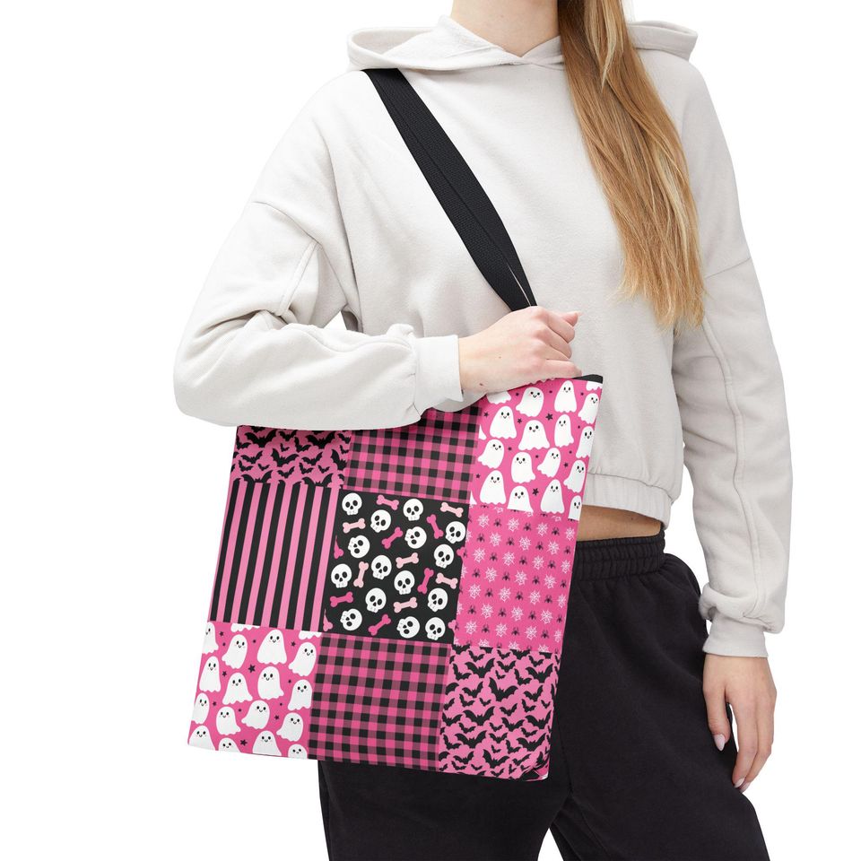 Pink Patchwork Halloween Tote Bag: Stitched Trick or Treat Bag