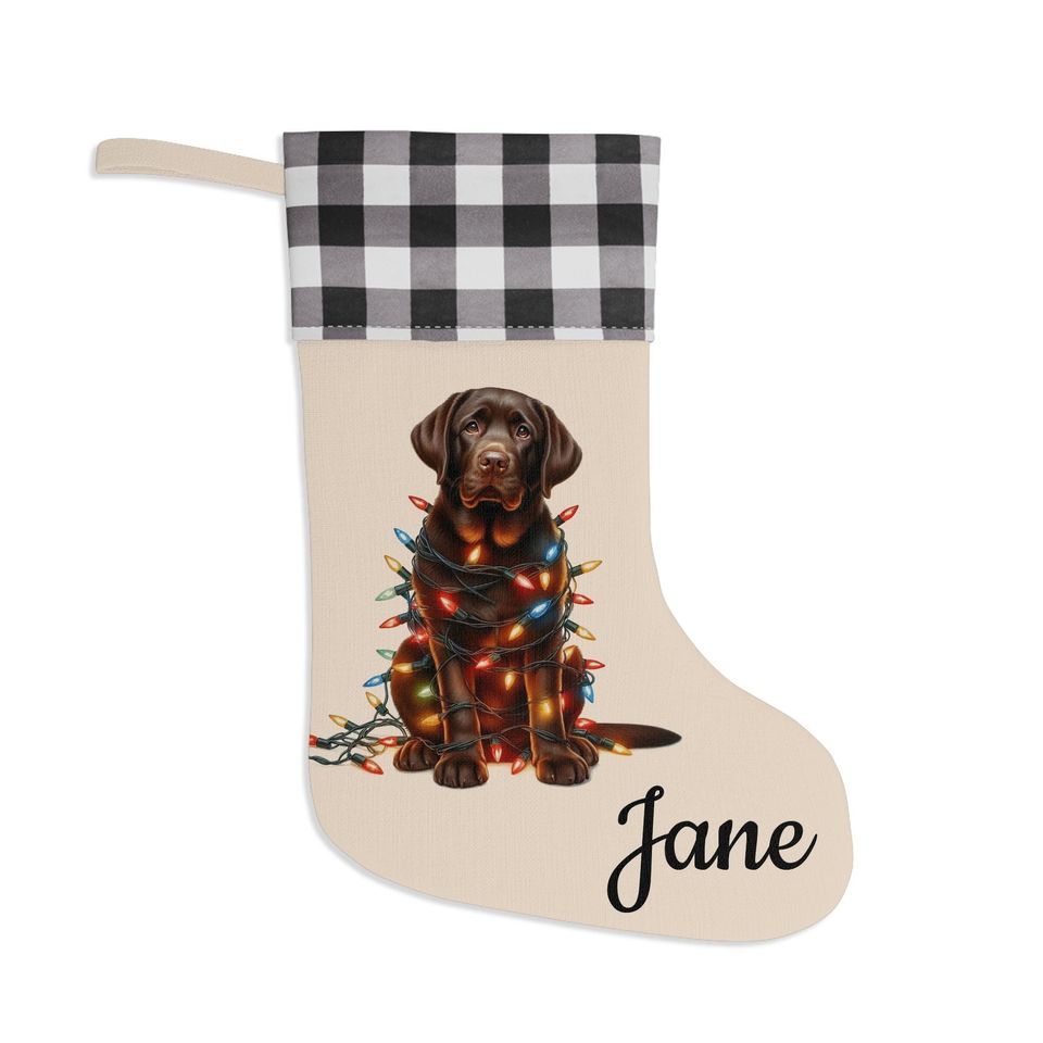 Chocolate Labrador Christmas Stocking, Plaid Cuff, Pet Lover Gift