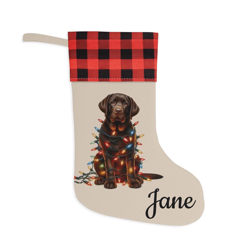 Chocolate Labrador Christmas Stocking, Plaid Cuff, Pet Lover Gift