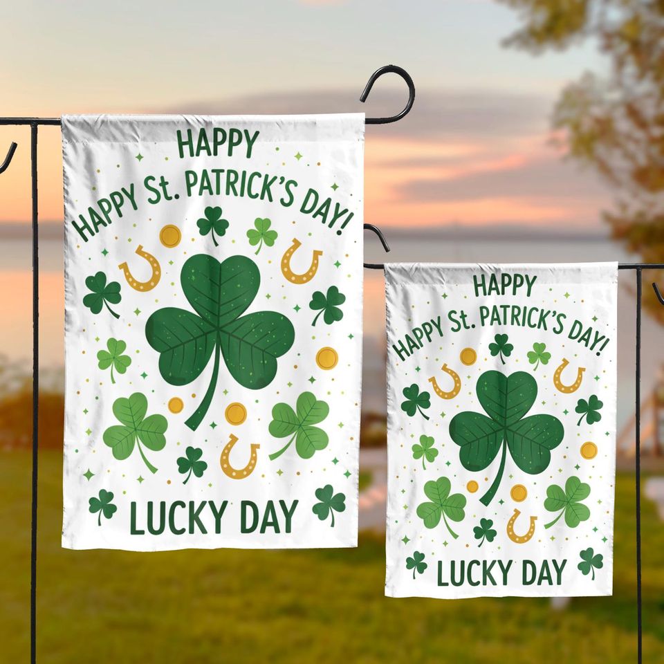 St Patricks Day Garden Flag, Lucky Shamrock Outdoor Flag, Irish Clover Yard Decor, Happy St Patricks Day Flag