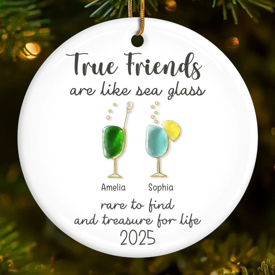 Personalized Friends Ornament 2025, Sea Glass Cocktails, Custom Ceramic Keepsake