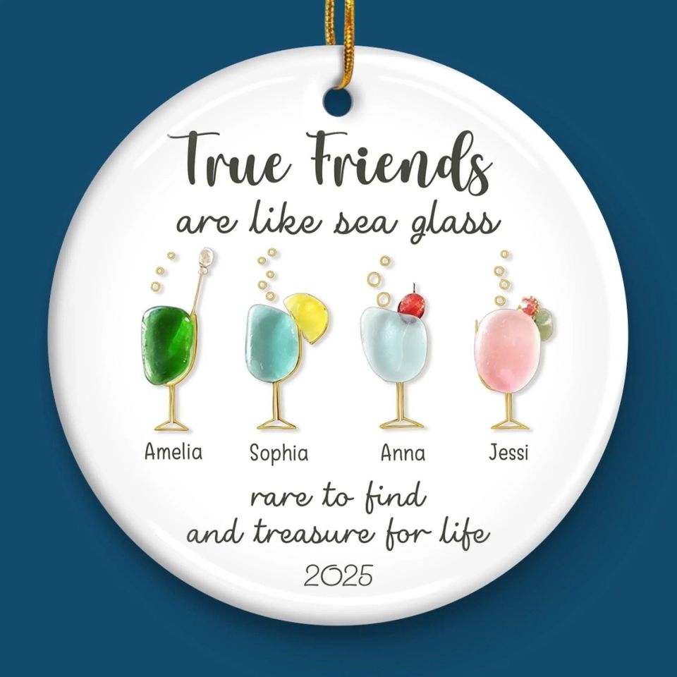 Personalized Friends Ornament 2025, Sea Glass Cocktails, Custom Ceramic Keepsake