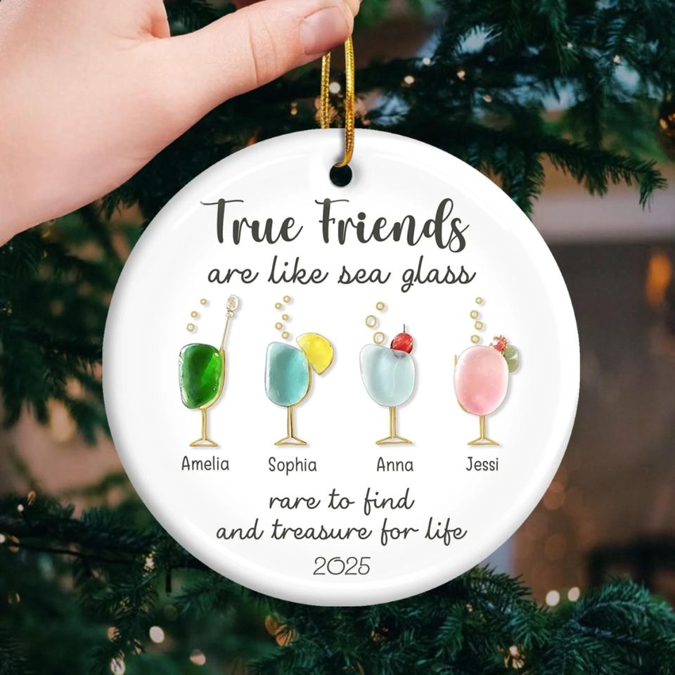 Personalized Friends Ornament 2025, Sea Glass Cocktails, Custom Ceramic Keepsake
