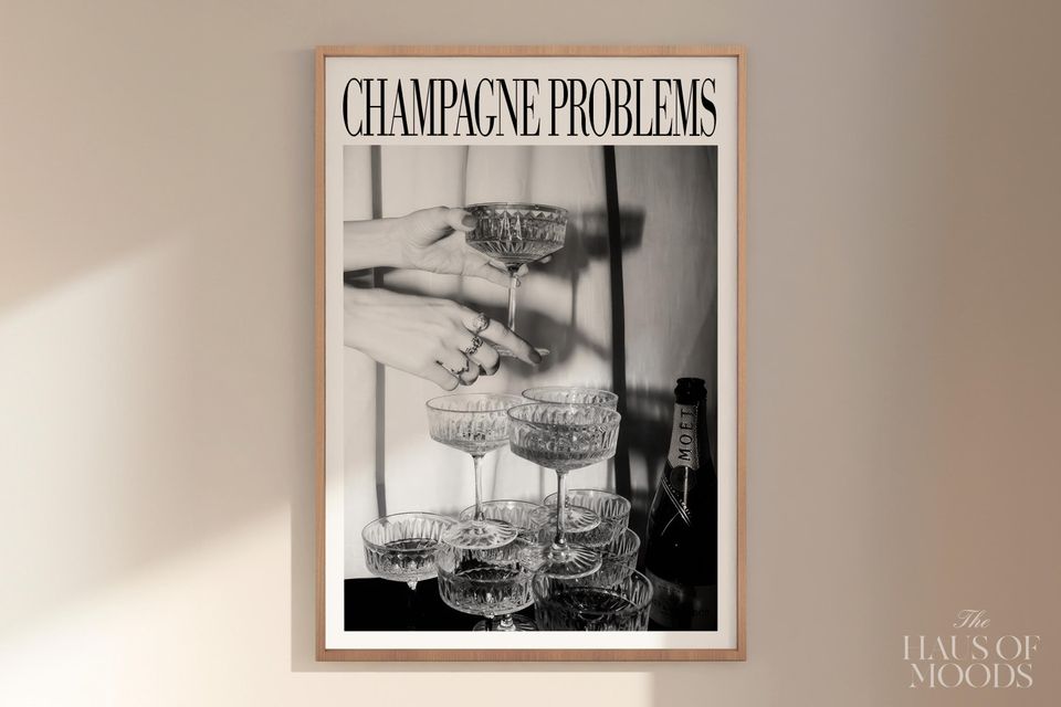 Champagne Glasses Print | Champagne Problems Print Gift | Bar Cart Wall Art | Luxury Bar Cart Decor