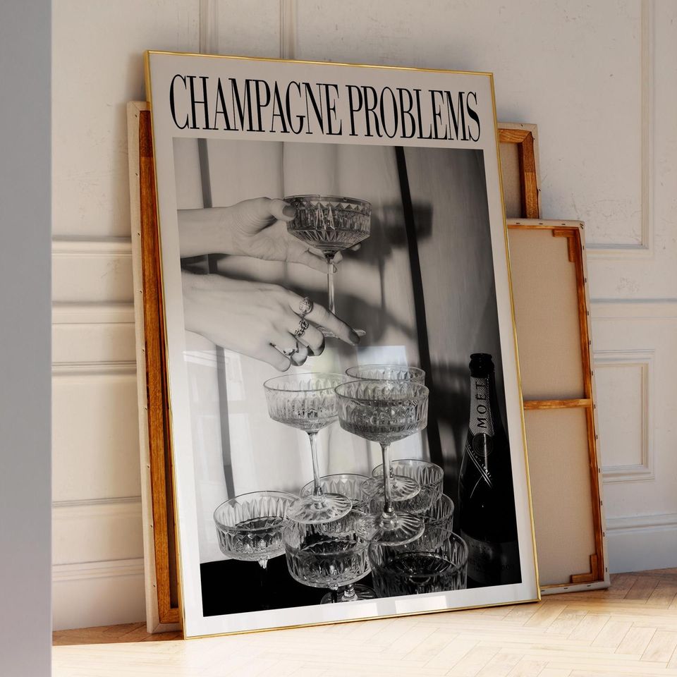 Champagne Glasses Print | Champagne Problems Print Gift | Bar Cart Wall Art | Luxury Bar Cart Decor
