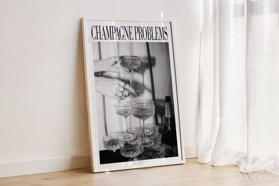 Champagne Glasses Print | Champagne Problems Print Gift | Bar Cart Wall Art | Luxury Bar Cart Decor