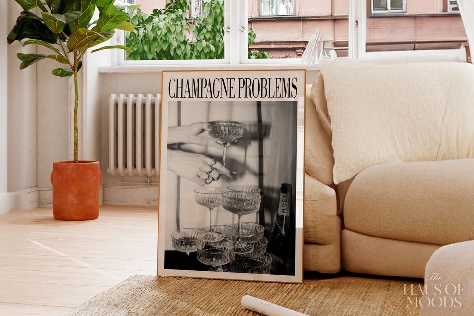 Champagne Glasses Print | Champagne Problems Print Gift | Bar Cart Wall Art | Luxury Bar Cart Decor