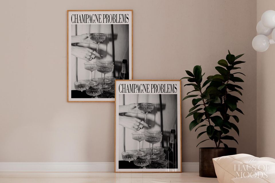 Champagne Glasses Print | Champagne Problems Print Gift | Bar Cart Wall Art | Luxury Bar Cart Decor