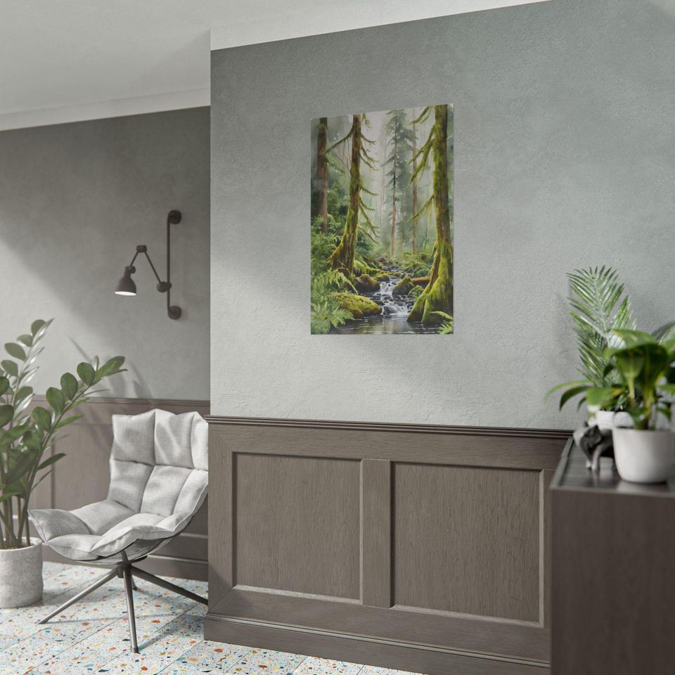 Hoh Rainforest Art Print  Olympic National Park Forest River Painting, Evergreen Trees, Foggy Landscape Wall Art, Washington Decor