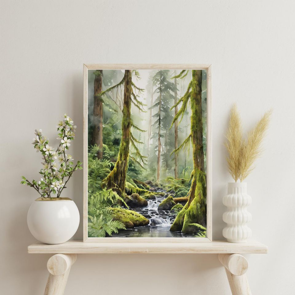 Hoh Rainforest Art Print  Olympic National Park Forest River Painting, Evergreen Trees, Foggy Landscape Wall Art, Washington Decor