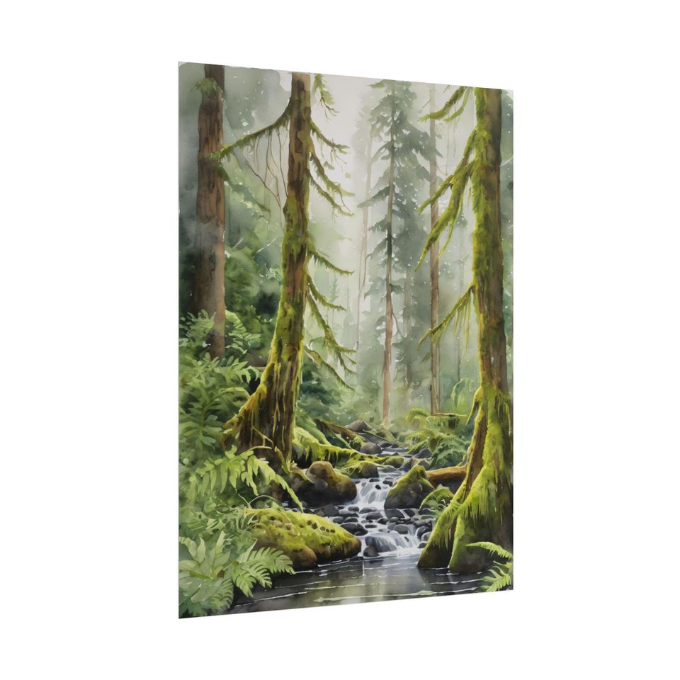 Hoh Rainforest Art Print  Olympic National Park Forest River Painting, Evergreen Trees, Foggy Landscape Wall Art, Washington Decor