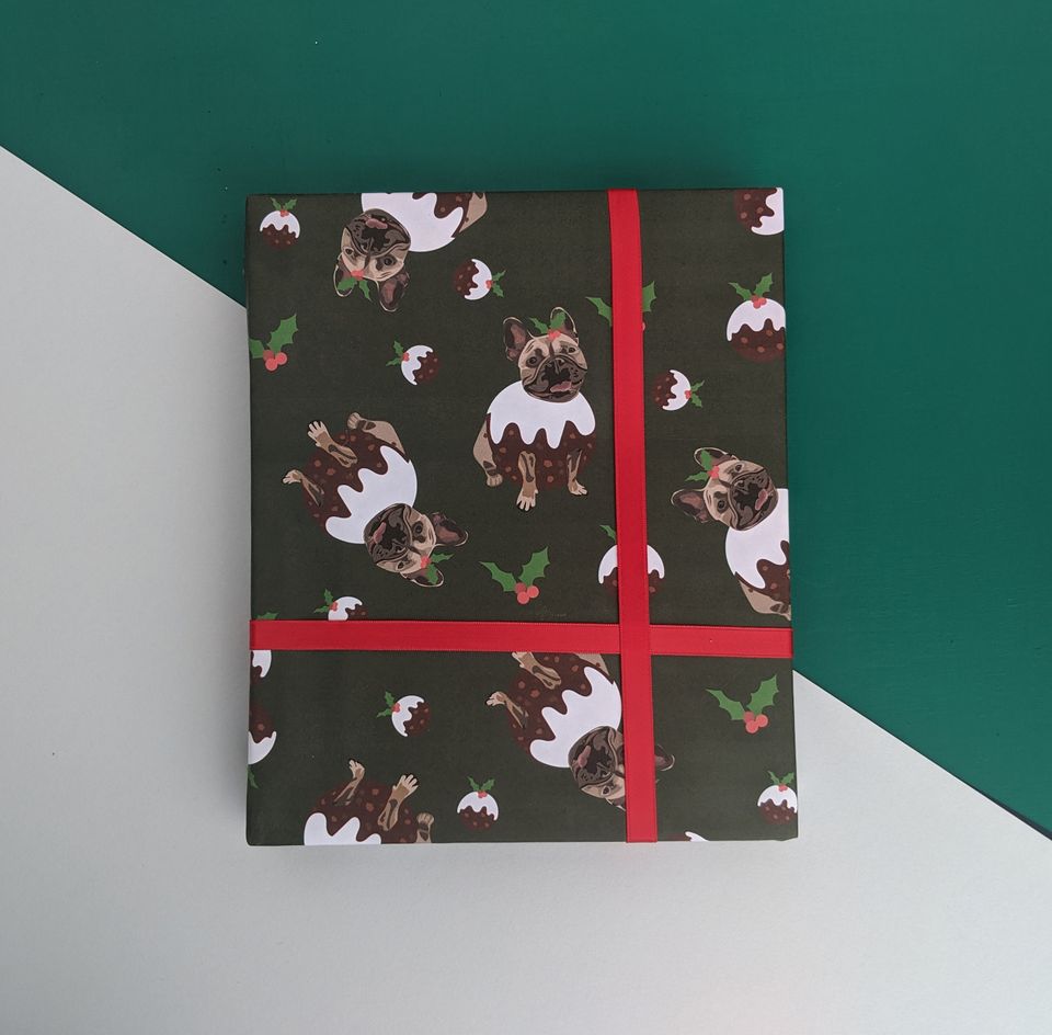 Frenchie Christmas pudding wrap, dog wrapping paper, french bull dog