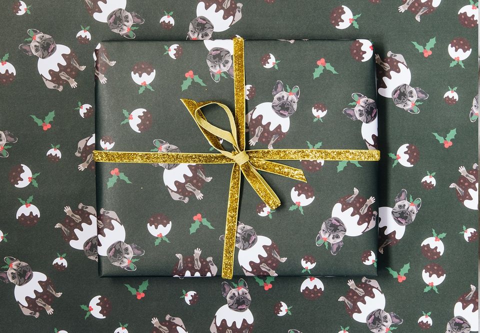 Frenchie Christmas pudding wrap, dog wrapping paper, french bull dog