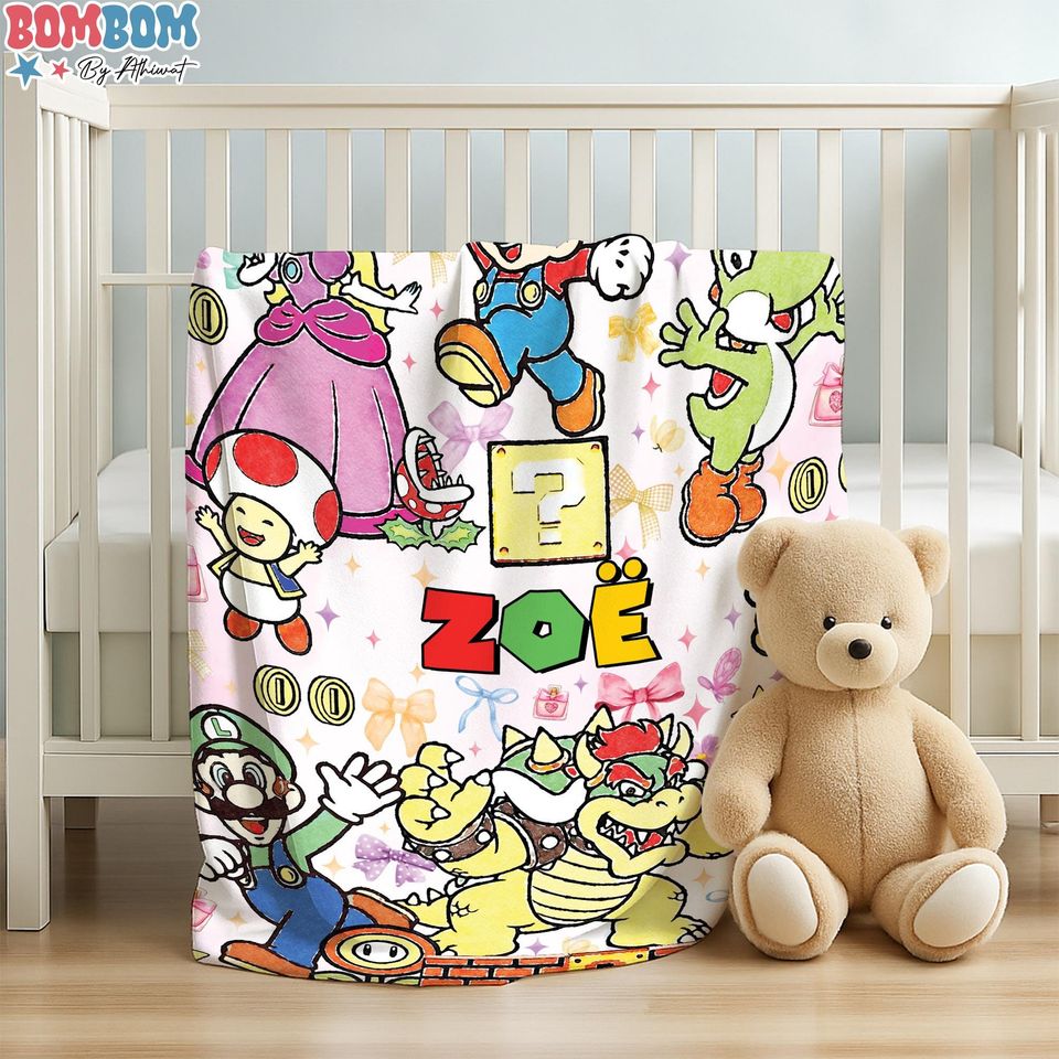 Personalized Coquette Bows Super Mario Blanket, Watercolor Blanket, Mario Luigi Princess Peach Blanket