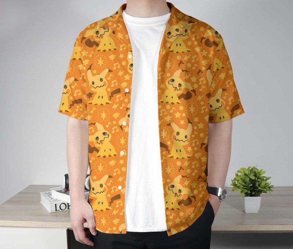 Mimikyu Hawaiian Shirt, Tropical Button-Up, Summer Beach Shorts