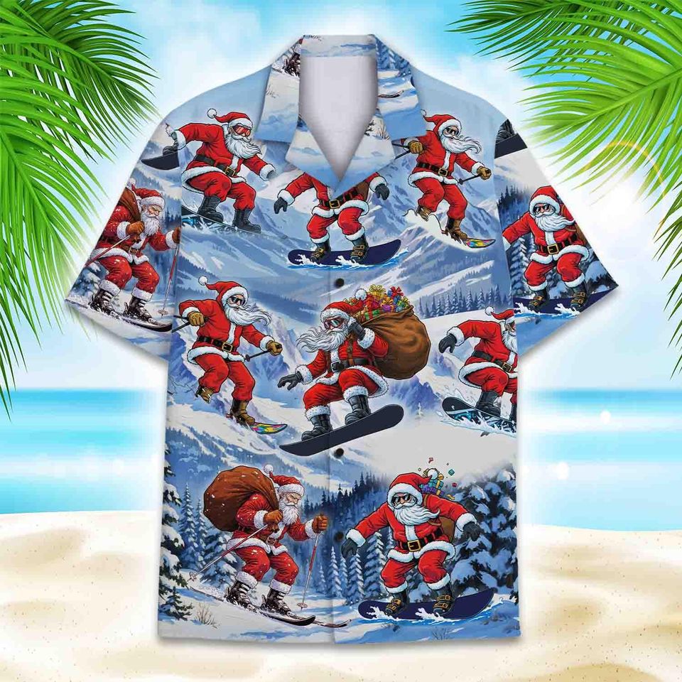 Santa Snowboarding Hawaiian Shirt for Men and Women, Winter Holiday Party Outfit