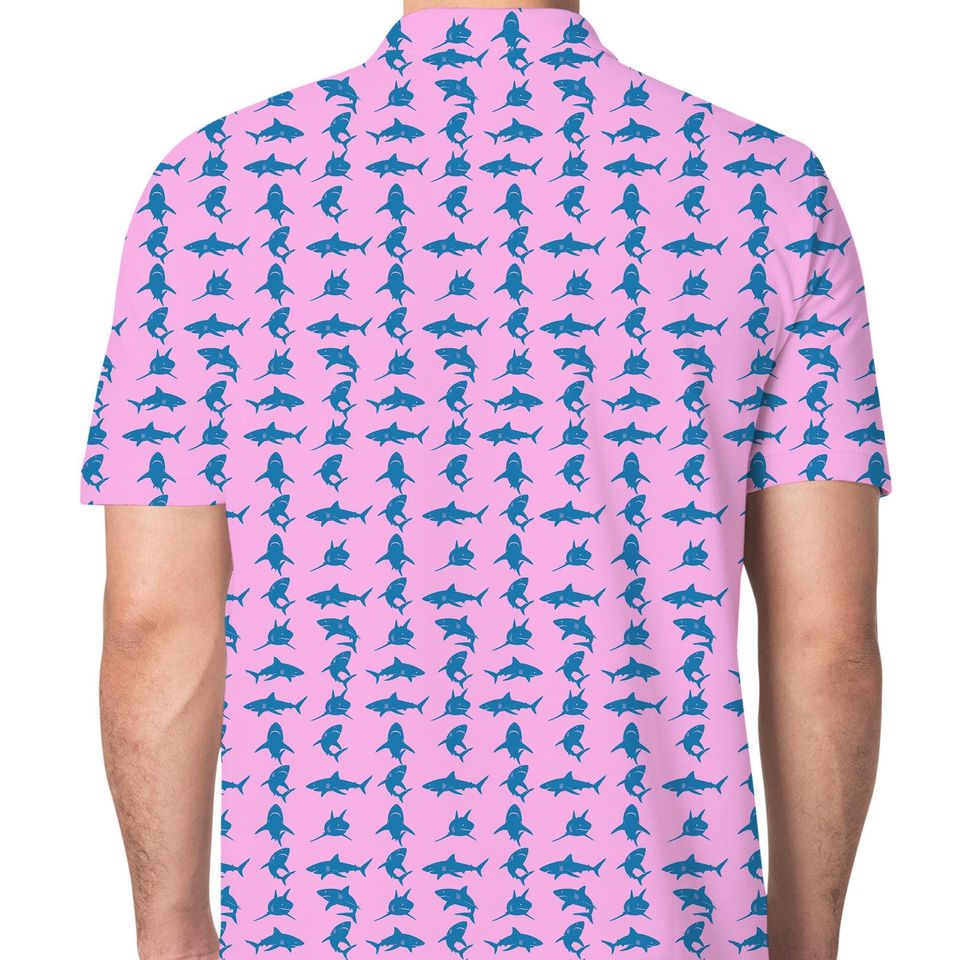 Shark Polo Shirt, Ocean Blue Fish Shirt Short Sleeve Button Up