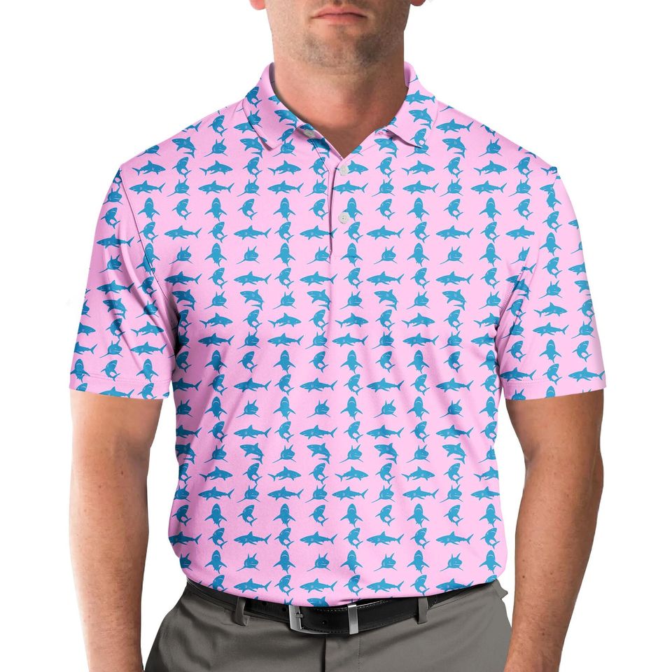 Shark Polo Shirt, Ocean Blue Fish Shirt Short Sleeve Button Up