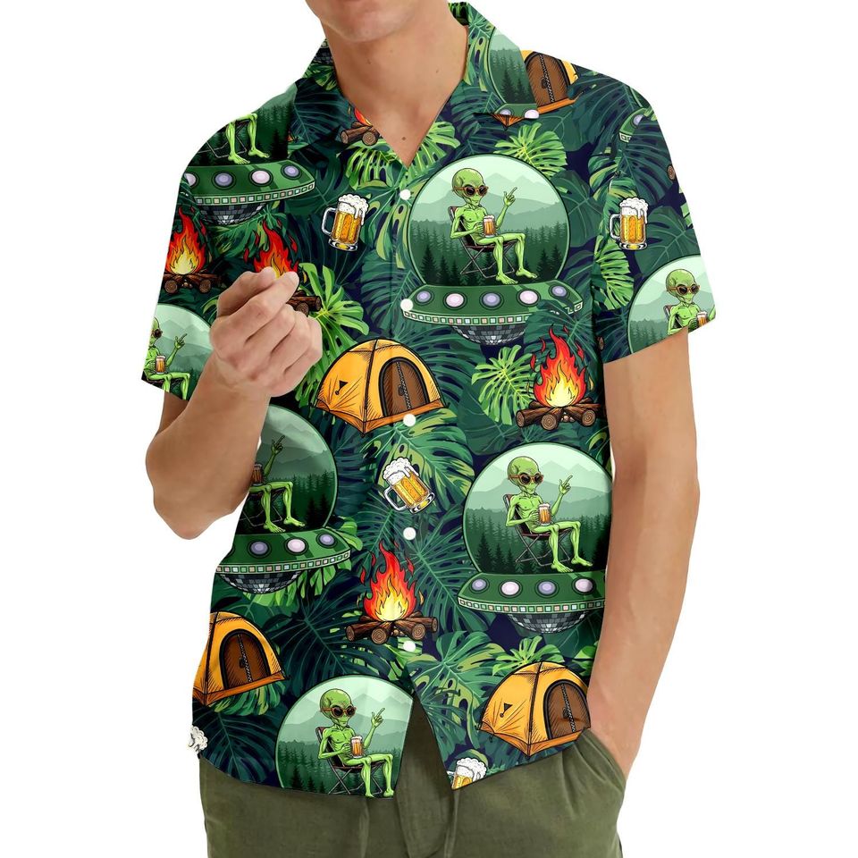 Alien Camping Hawaiian Shirt for Men Women Youth