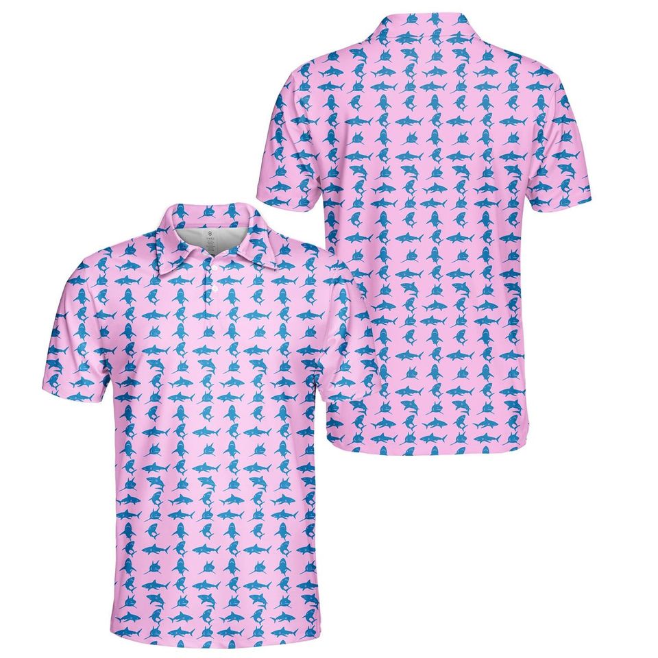 Shark Polo Shirt, Ocean Blue Fish Shirt Short Sleeve Button Up