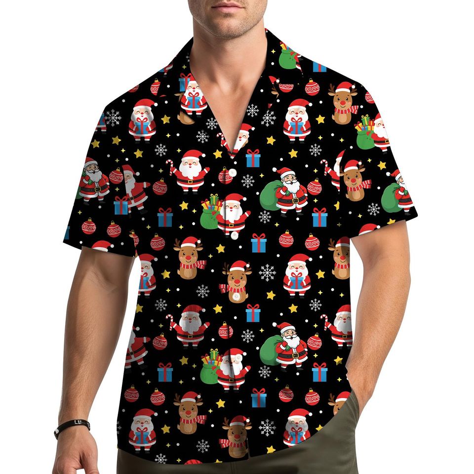 Christmas Santa Reindeer Elf Hawaiian Shirt Men Women Youth, Holiday Aloha Button-Down